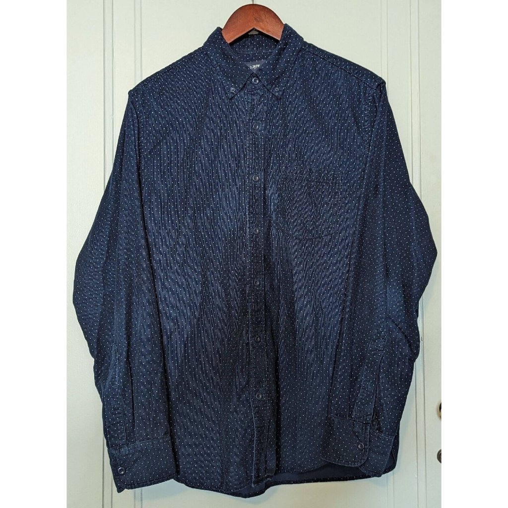 J. Crew Mens Polka Dot Button Up Long Sleeve Shirt Thick Cotton Size Medium Blue